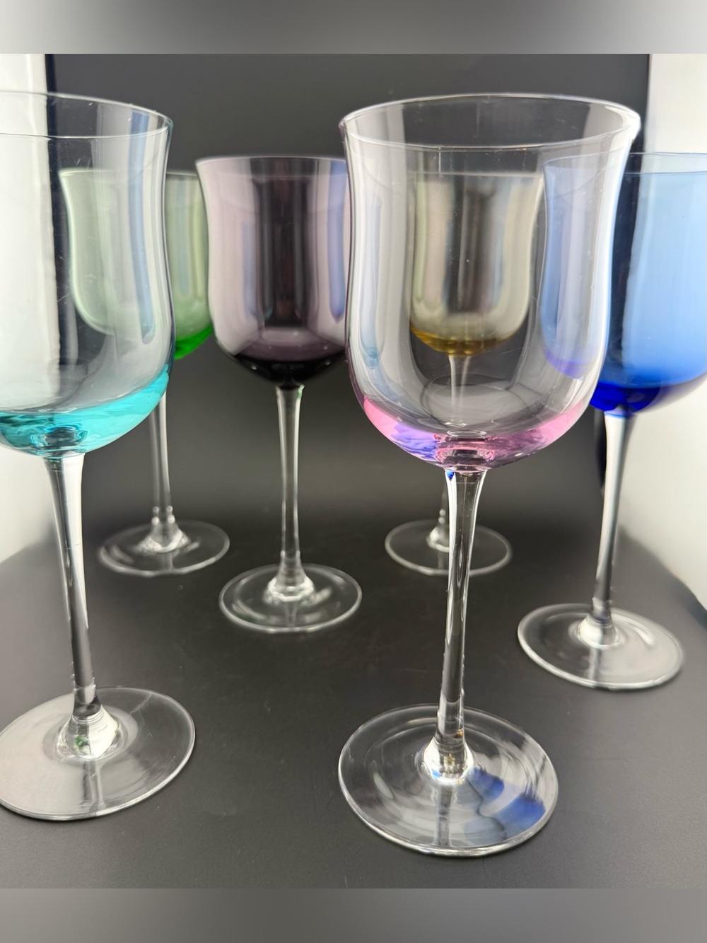 6 Le Gourmet gem colored 10oz wine glasses.